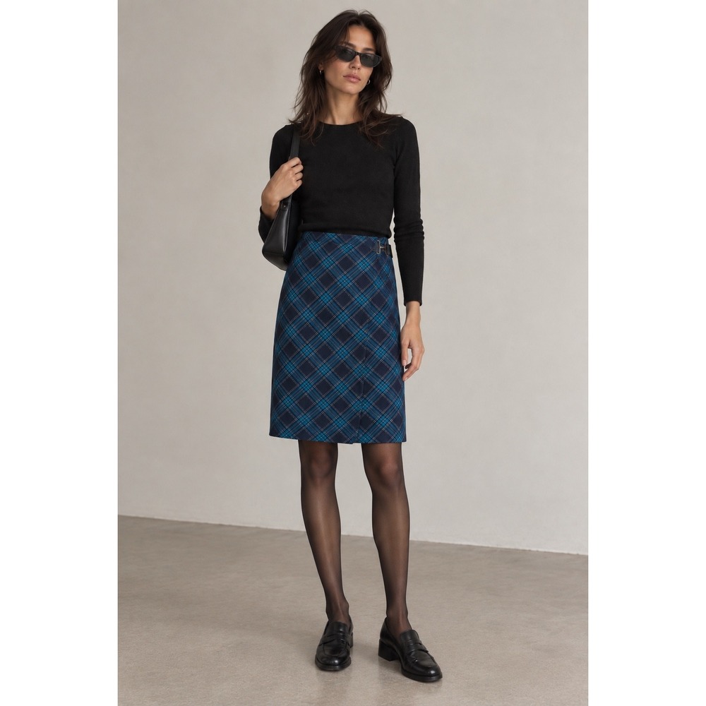 Style & Co Collection Plaid Wrap Skirt Blue Green Side Buckle Size 10 Vintage